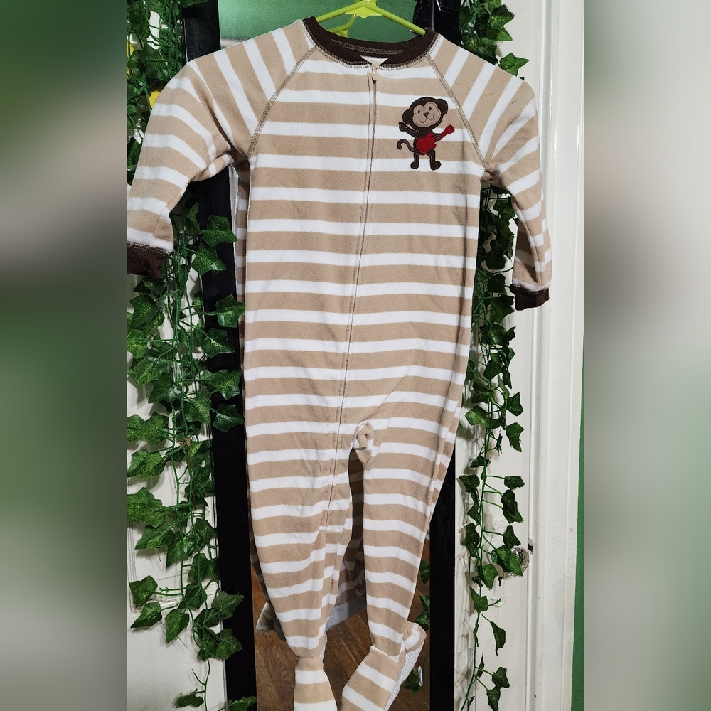 Child Of Mine Boys Brown White Striped Monkey Fleece Long Sleeve Pajamas 3T
